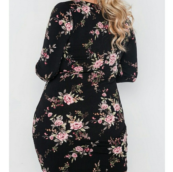 PLUS Black Floral V Neck Bodycon Mini Dress - Picture 3 of 3